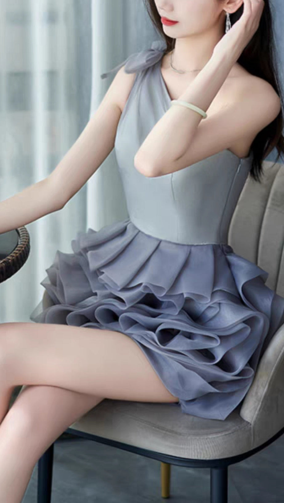 ONE SHOULDER MESH MINI DRESS IN GREY