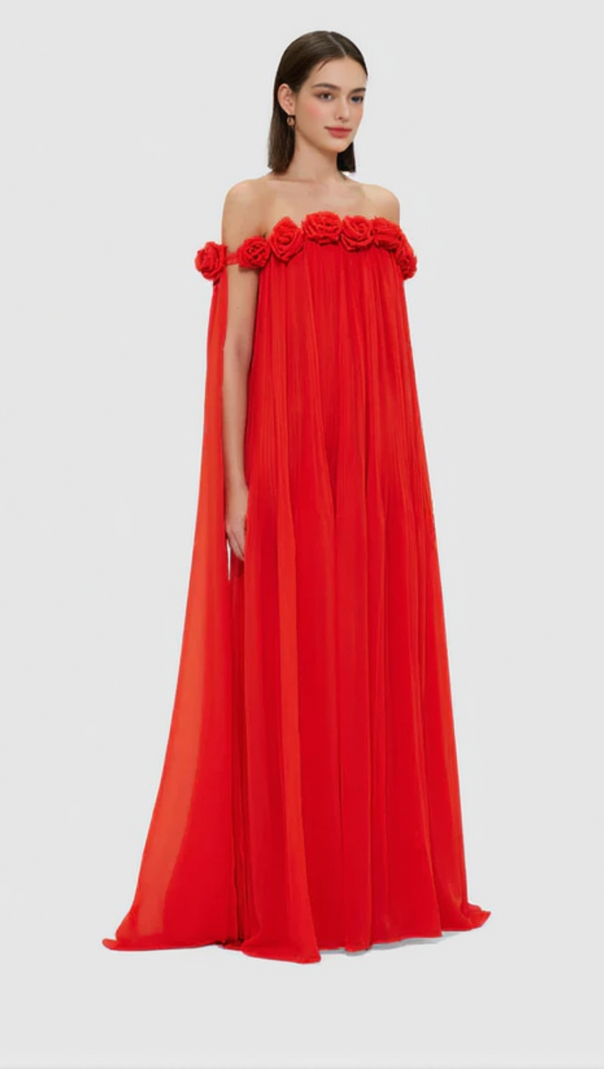 AIIZIE DRAPED FLOOR LENGTH DRESS IN SCARLET - product image