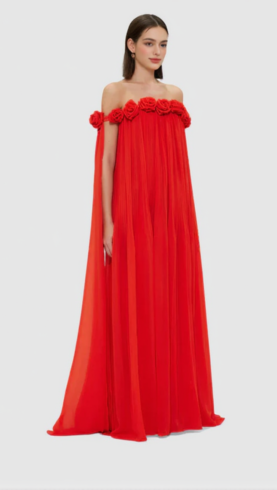 DRAPED FLOOR LENGTH DRESS IN SCARLET