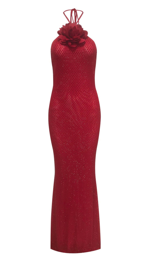 AIIZIE URSULA 3D FLOWER SEQUIN HALTER MAXI DRESS IN RED - product image
