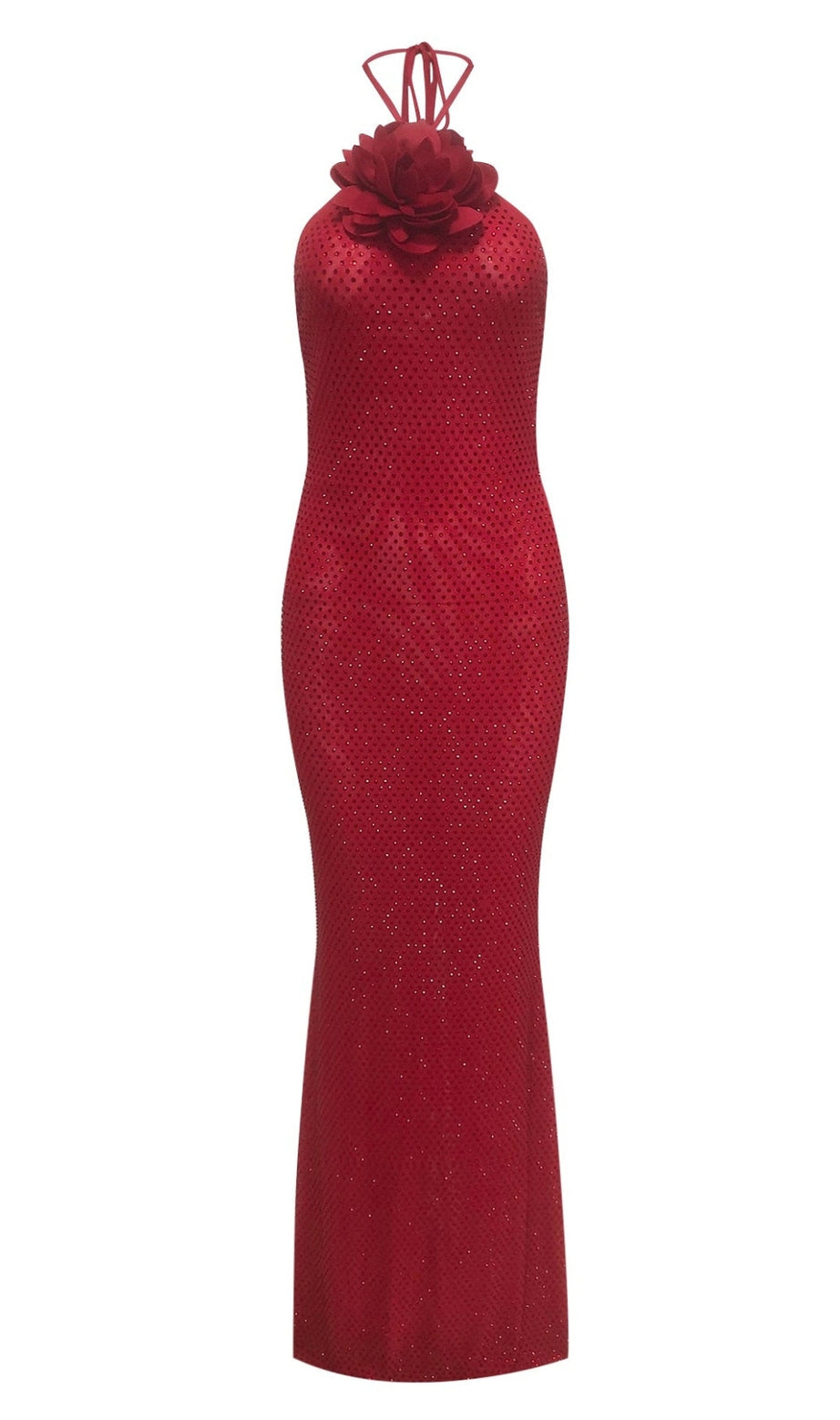 ursula 3d flower sequin halter maxi dress in red