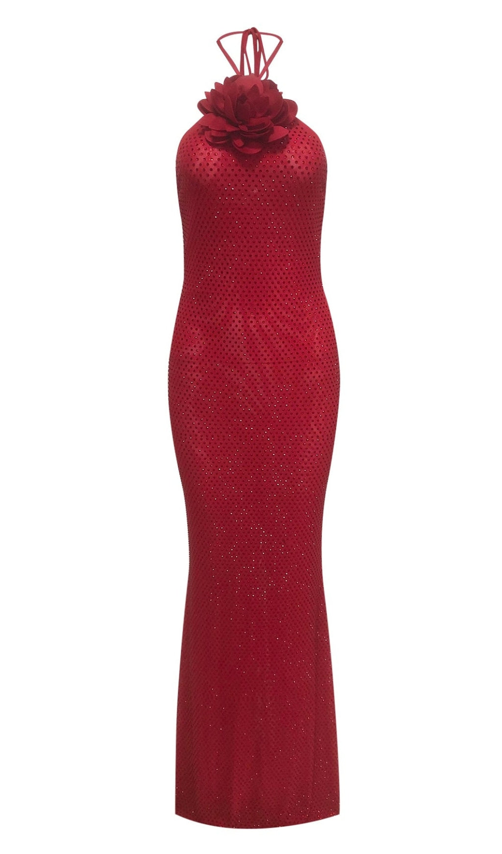 URSULA 3D FLOWER SEQUIN HALTER MAXI DRESS IN RED