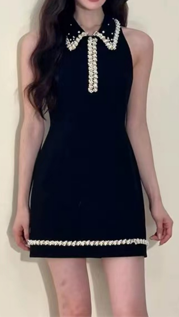 AIIZIE PEARL EMBELLISHED GOLD CHAIN SPLICE MINI DRESS IN BLACK - product image