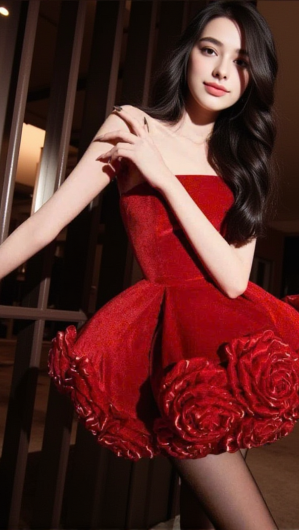 AIIZIE SEBAST FLOWER STRAPLESS VELVET MINI DRESS IN RED - product image