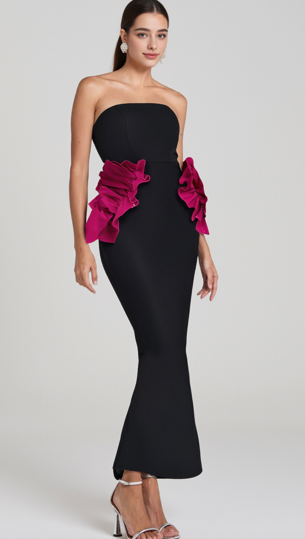AIIZIE PLEATED ORNAMENTED BANDAGE MAXI DRESS IN BLACK - product image