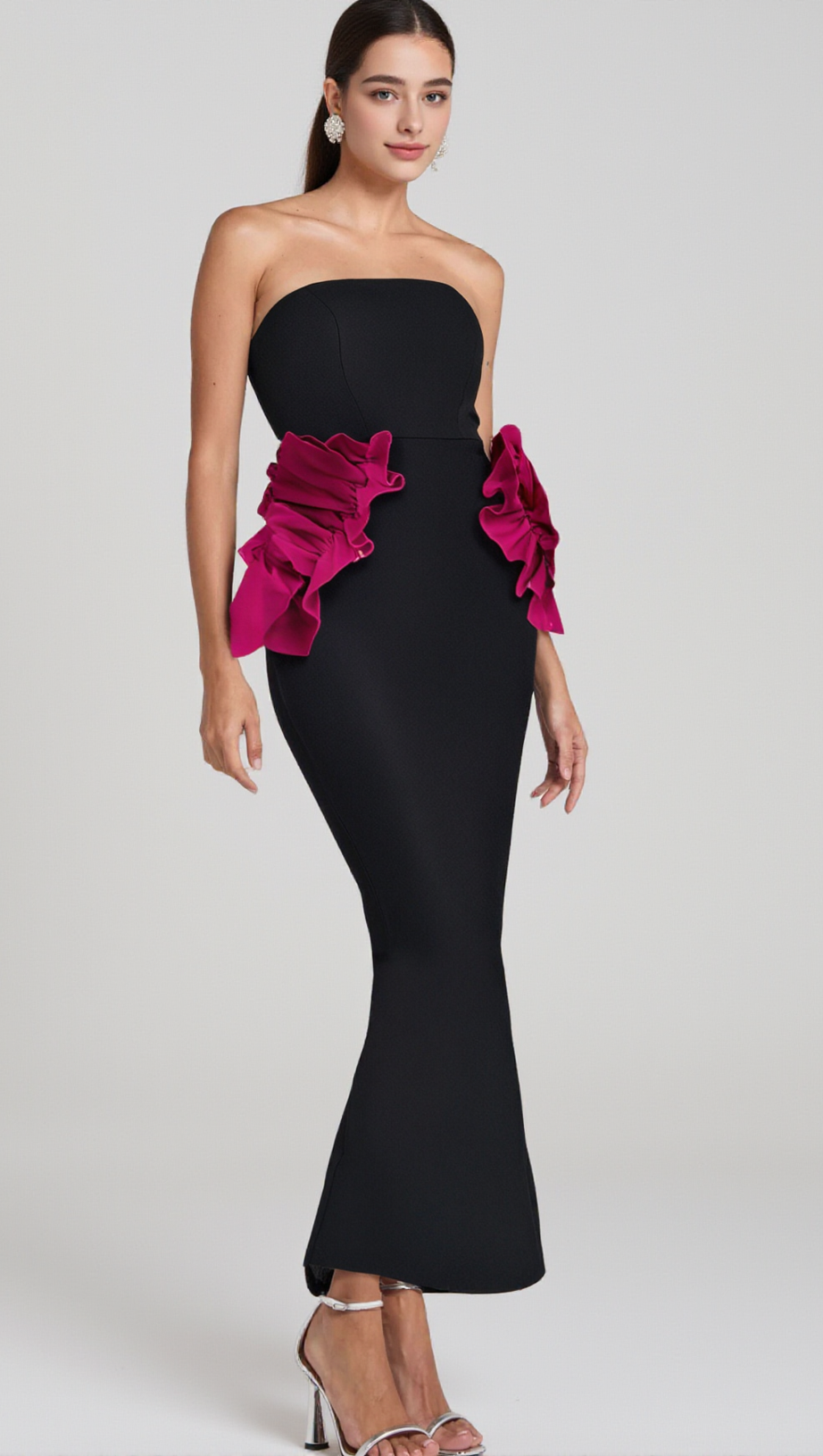 PLEATED ORNAMENTED BANDAGE MAXI DRESS IN BLACK