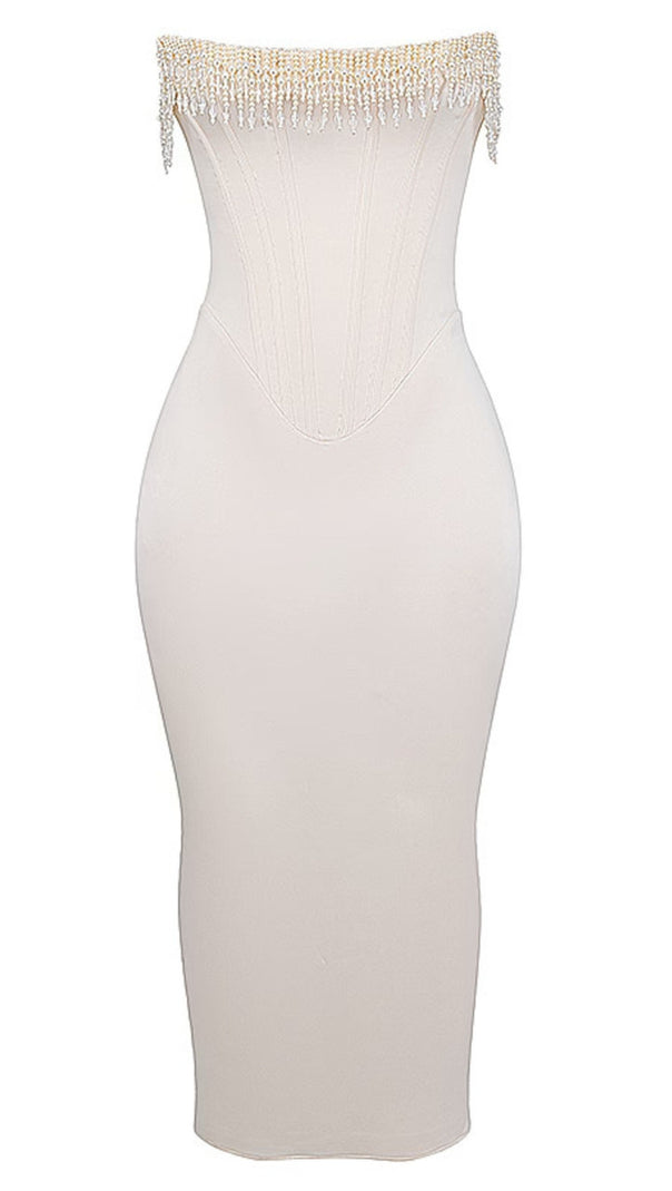 AIIZIE STRAPLESS PEARL CORSET MIDI DRESS IVORY - product image