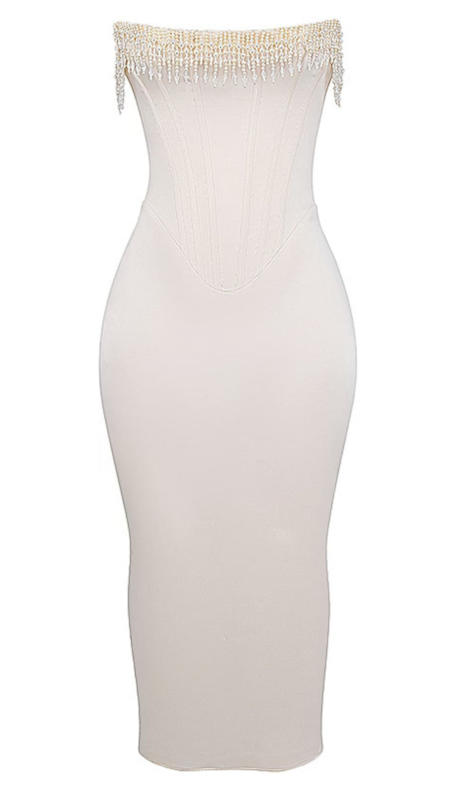 Abito midi senza spalline con corsetto di perle color avorio