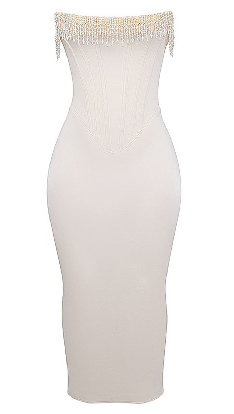 ABITO MIDI CON CORSETTO DI PERLE SENZA SPALLINE AVORIO