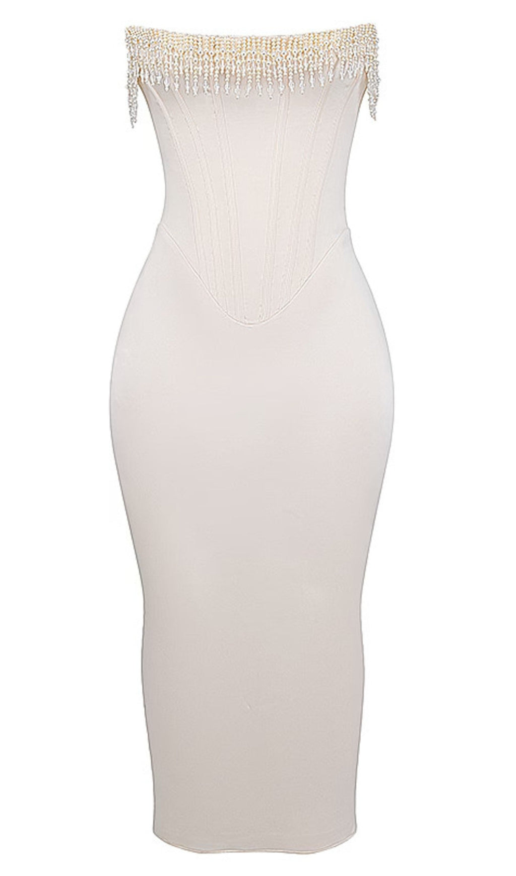 ABITO MIDI CON CORSETTO DI PERLE SENZA SPALLINE AVORIO