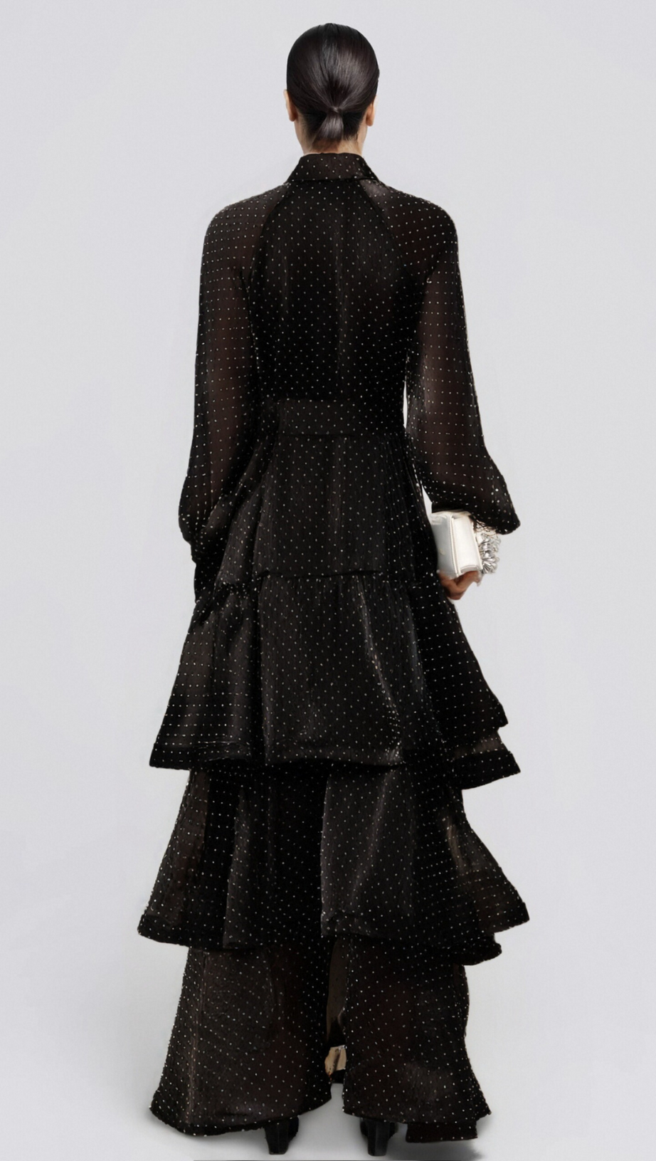 CLÉMENCE BLACK POLKA-DOT TIERED MIDI DRESS