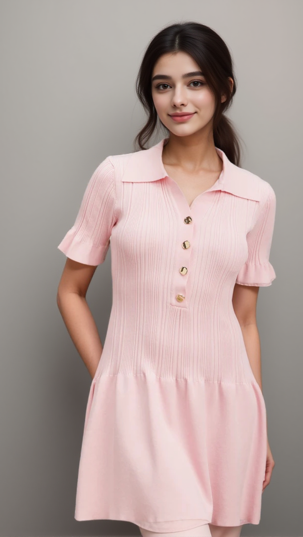 AIIZIE NOLWENN PINK FLARED FINE-KNIT MINI DRESS - product image