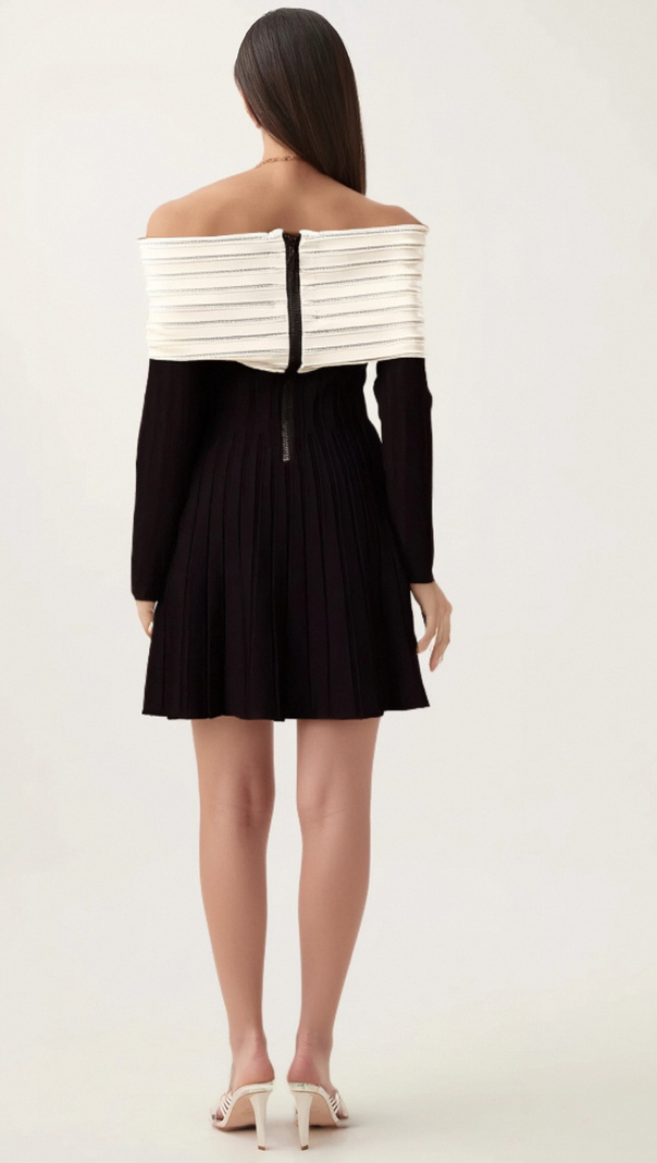 AIIZIE JUSTINE BLACK OFF-SHOULDER BOW KNIT MINI DRESS - product image