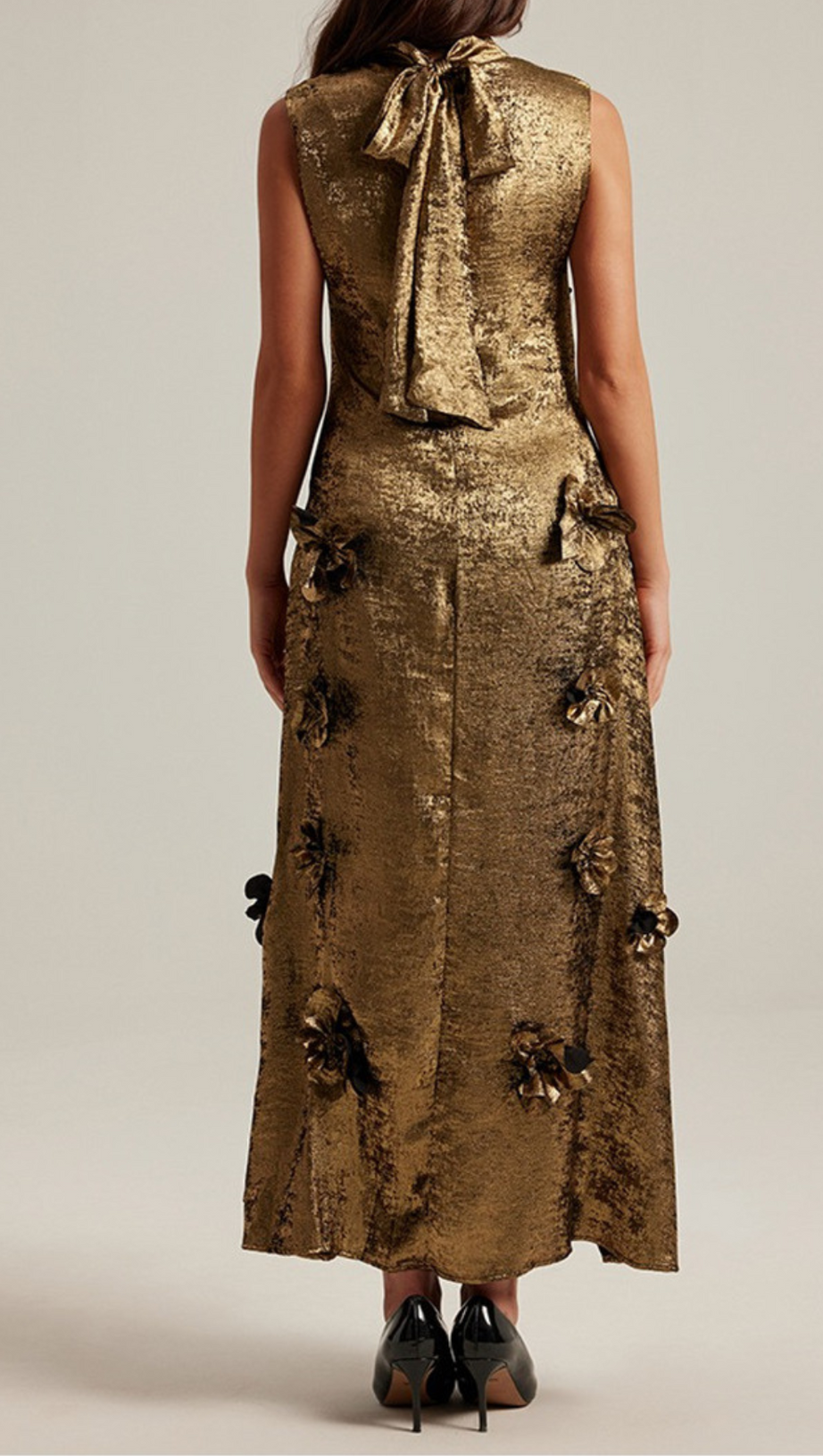 3D FLORAL EMBELLISHED MAXI DRESS IN GOLD