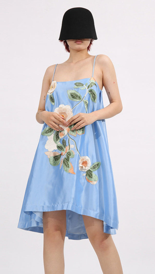 AIIZIE EDWINA APPLIQUE FLORAL EMBROIDERED MINI DRESS IN BLUE - product image