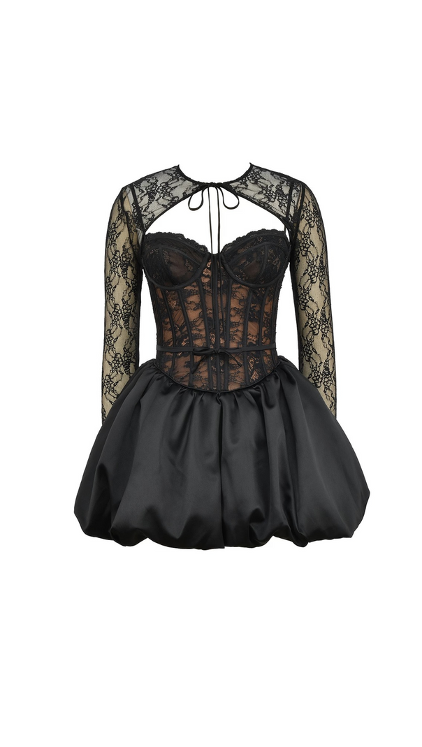 AIIZIE SALLY LACE PUFFBALL MINI DRESS IN BLACK - product image