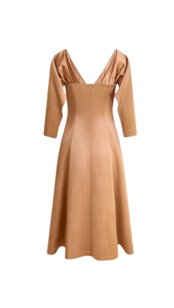 AIIZIE ODELIA V-NECK BROWN A-LINE MIDI DRESS - product image