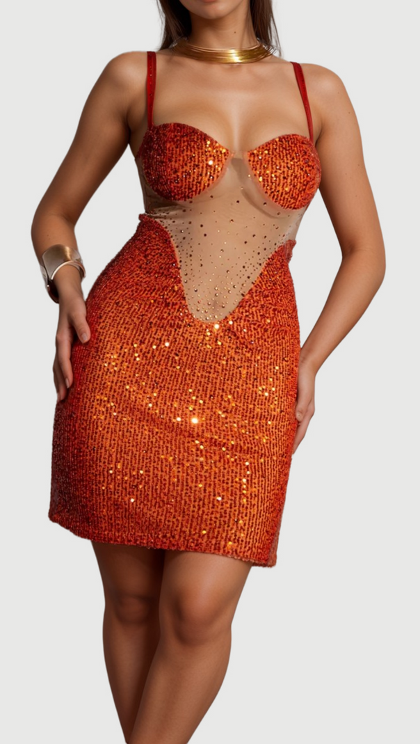 AIIZIE SOPHIA ORANGE SPAGHETTI SEQUIN MINI DRESS - product image