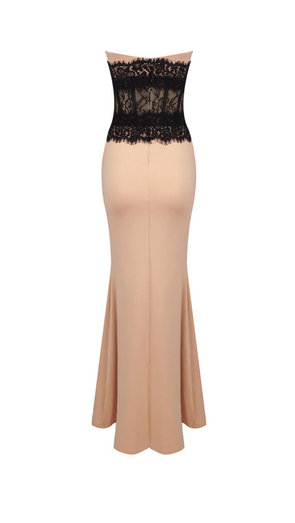 AIIZIE ADELE CREPE LACE CORSET MAXI DRESS IN BEIGE - product image