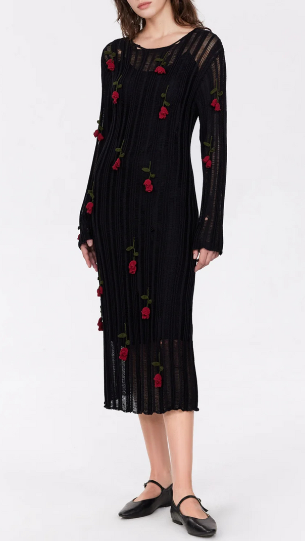 AIIZIE HILARIA ROSE HANDCRAFTED KNIT MIDI DRESS IN BLACK - product image