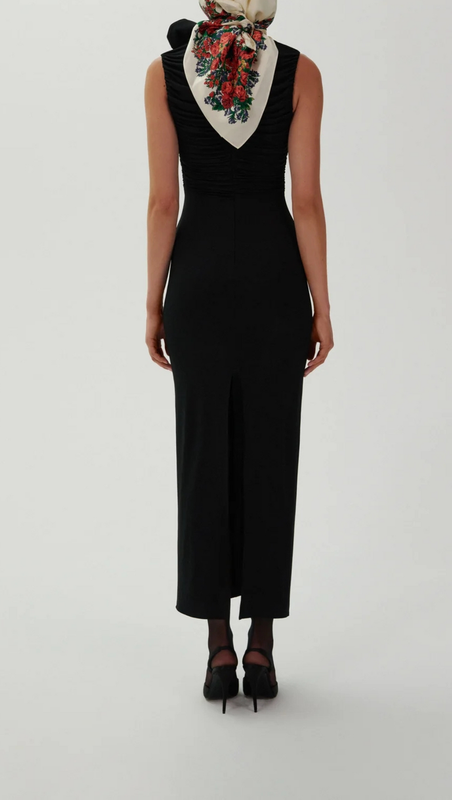 ADORA FLOWER EMBELLISHED RUCHED MIDI DRESS IN BLACK