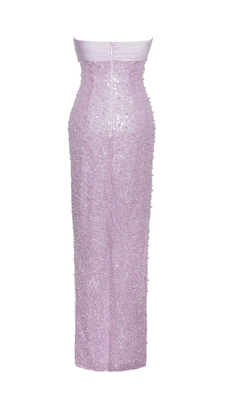 PINK SATIN SEQUIN PEARLS BEADED MAXI DRESS