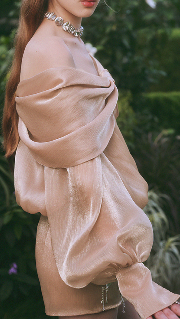 AIIZIE OFF-THE-SHOULDER PEARLESCENT SHIRT MINI DRESS - product image