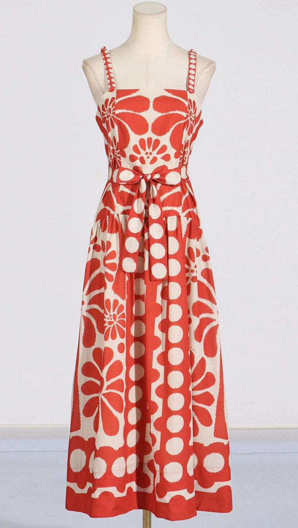 AIIZIE STRAP PRINTED MIDI DRESS IN RED - product image