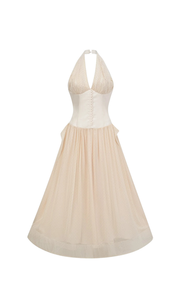 AIIZIE TIFFANY HALTERNECK TULLE OVERLAY MAXI DRESS IN APRICOT - product image