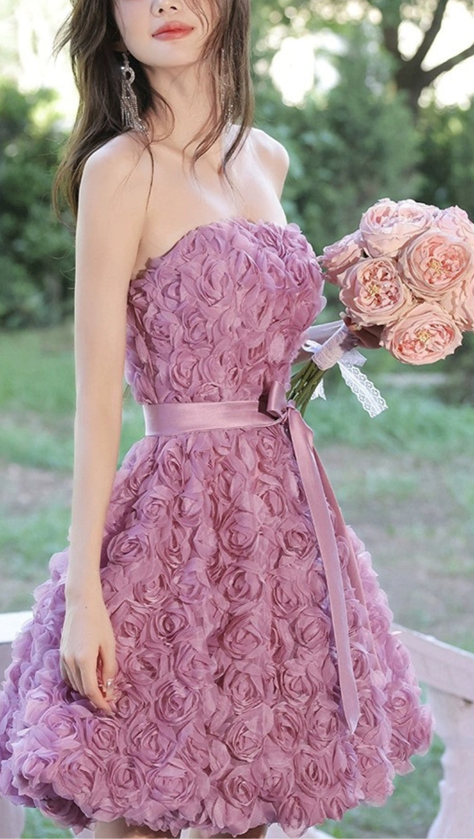 ROSE FLOWER STRAPLESS MINI DRESS