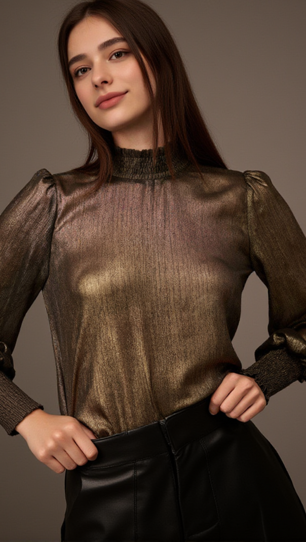 AIIZIE GOLDEN AGE METALLIC BISHOP-SLEEVE MOCK NECK TOP - product image