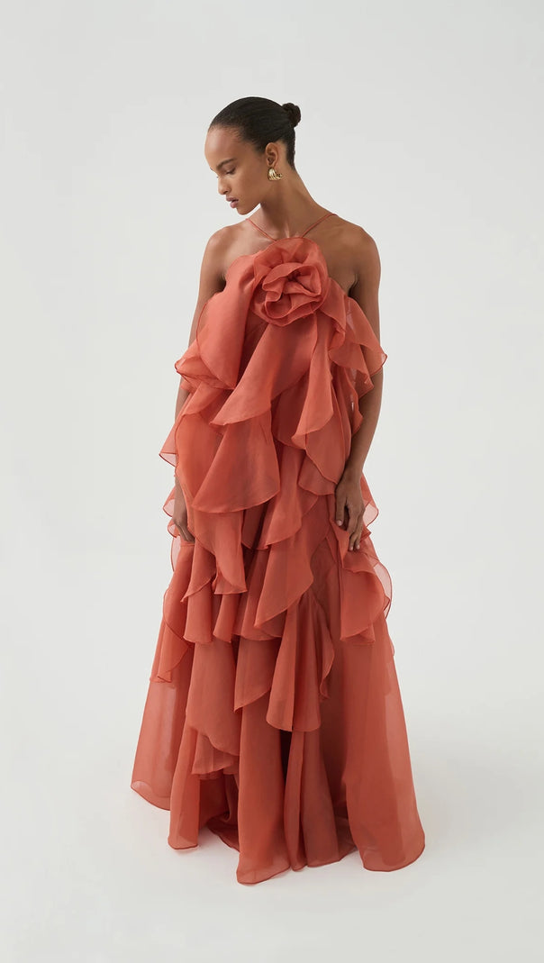 AIIZIE CAYSIE HALTER FLORAL RUFFLE LAYERED MAXI DRESS IN ORANGE - product image