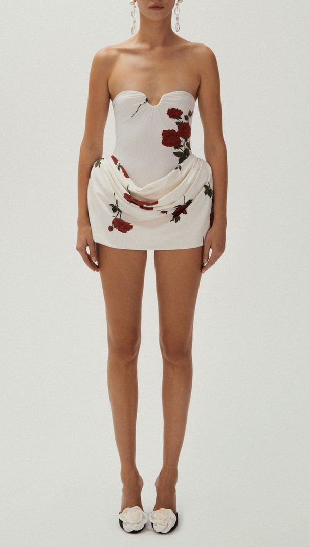 AIIZIE FLORAL-PRINTED PLEATED STRAPLESS MINI DRESS IN WHITE - product image