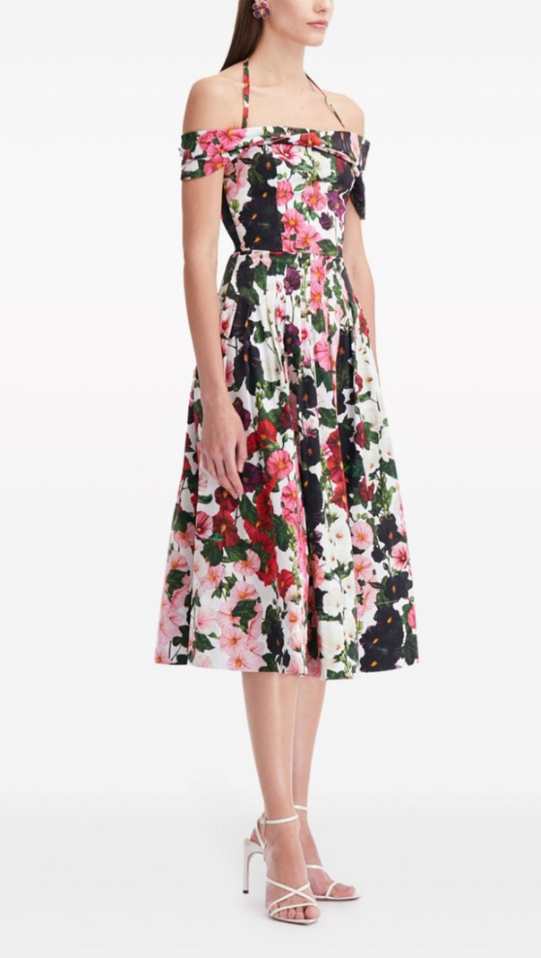AIIZIE MULTICOLOR OFF-SHOULDER PLEATED FLORAL-PRINT COTTON-BLEND POPLIN DRESS - product image