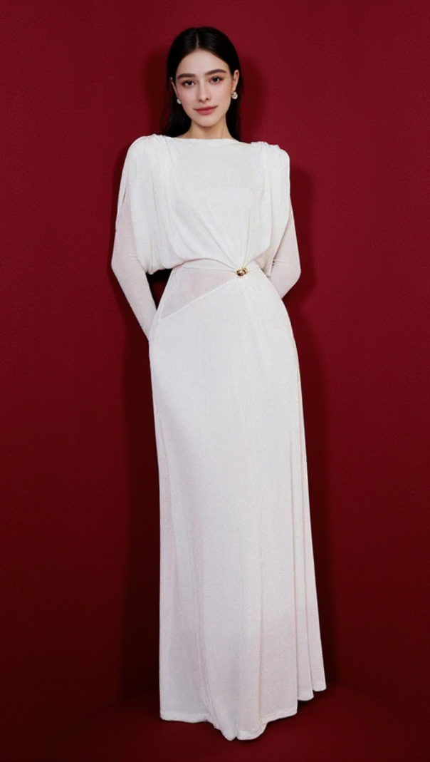 AIIZIE WHITE STRAIGHT BOAT NECK KNITTED FABRIC MAXI DRESS - product image