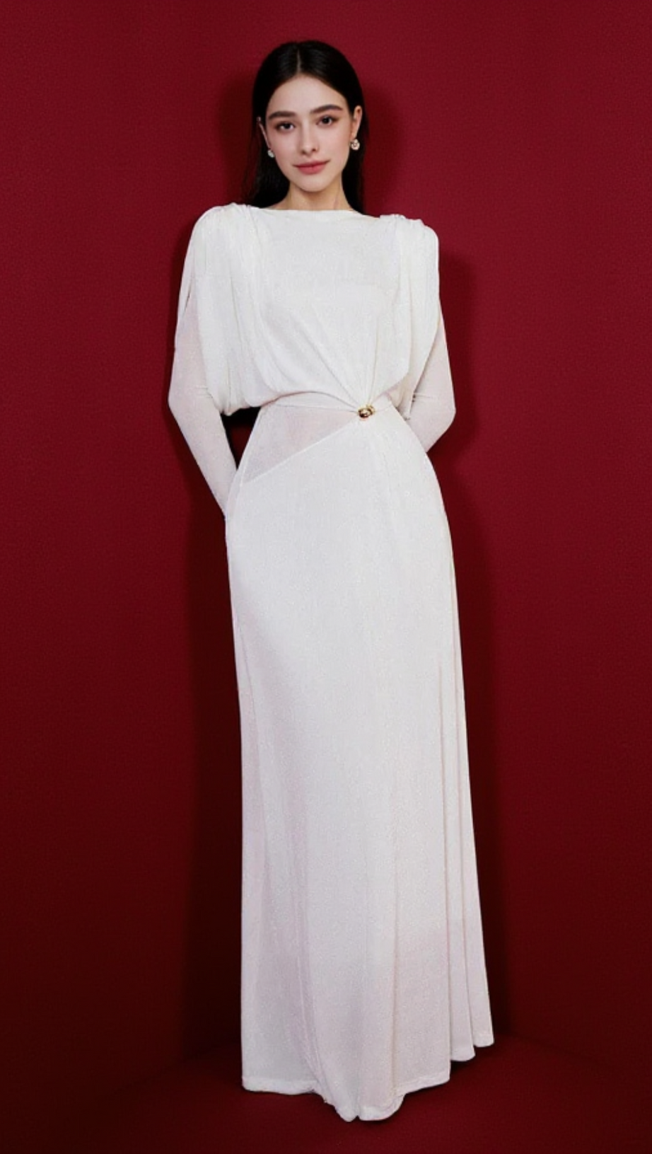 WHITE STRAIGHT BOAT NECK KNITTED FABRIC MAXI DRESS