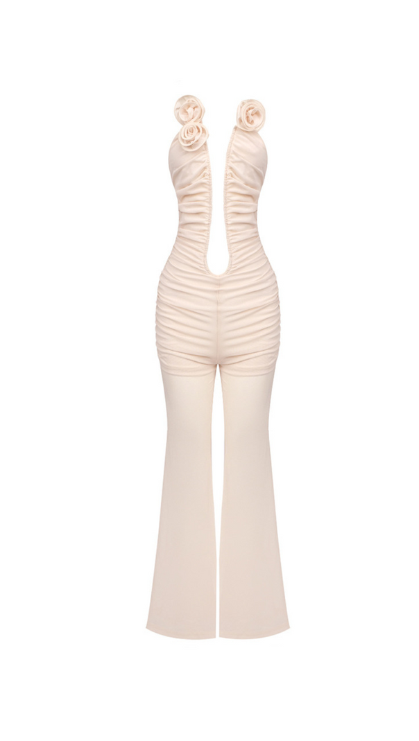 AIIZIE XANTHE APRICOT 3D FLOWER RUCHED MESH JUMPSUIT - product image