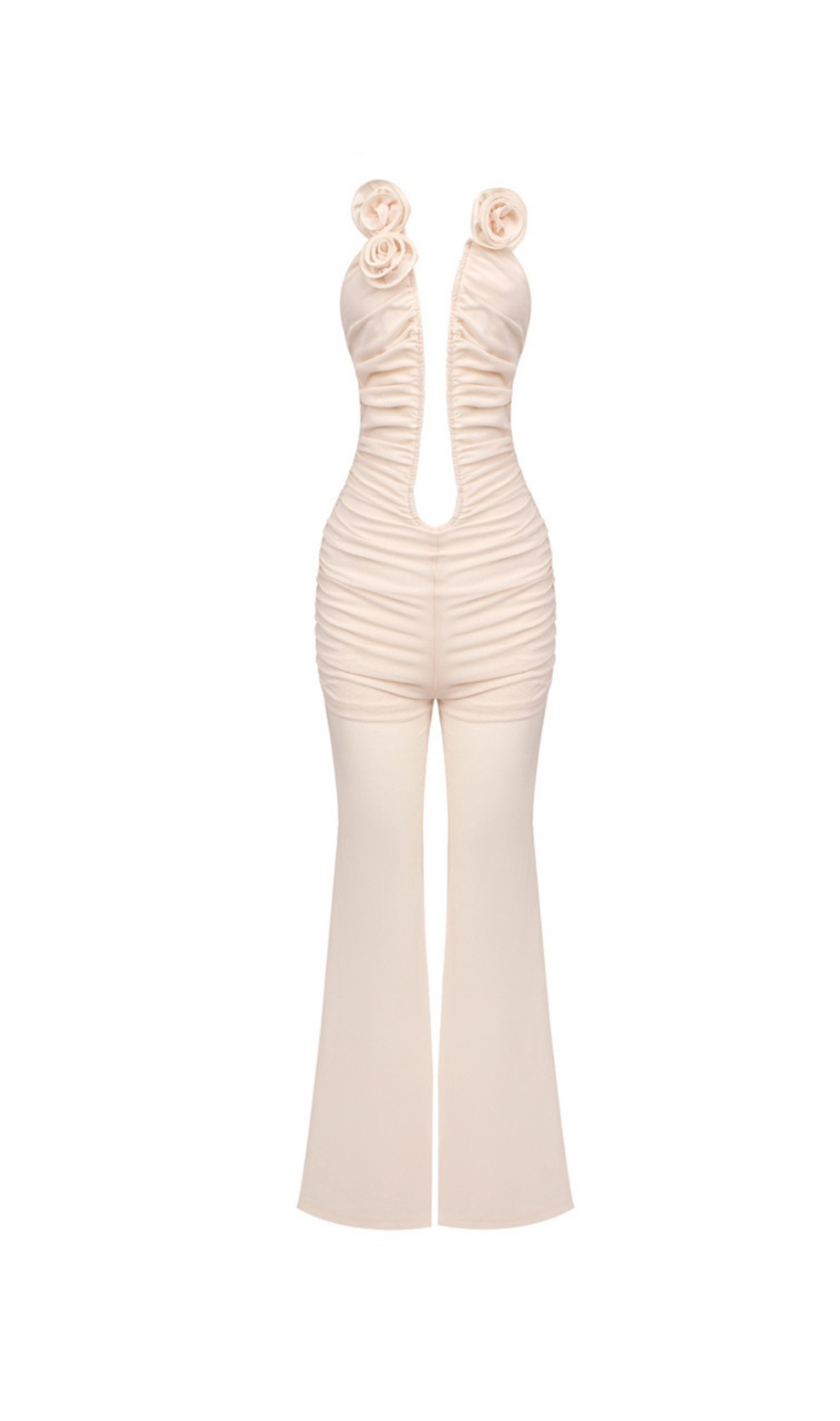 XANTHE APRICOT 3D FLOWER RUCHED MESH JUMPSUIT