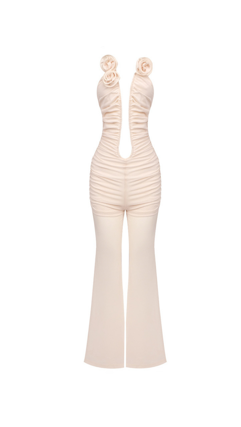 XANTHE APRICOT 3D FLOWER RUCHED MESH JUMPSUIT