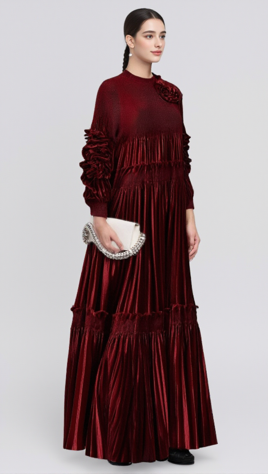 DONNA RED FLORAL-APPLIQUÉ PLEATED VELVET MIDI DRESS