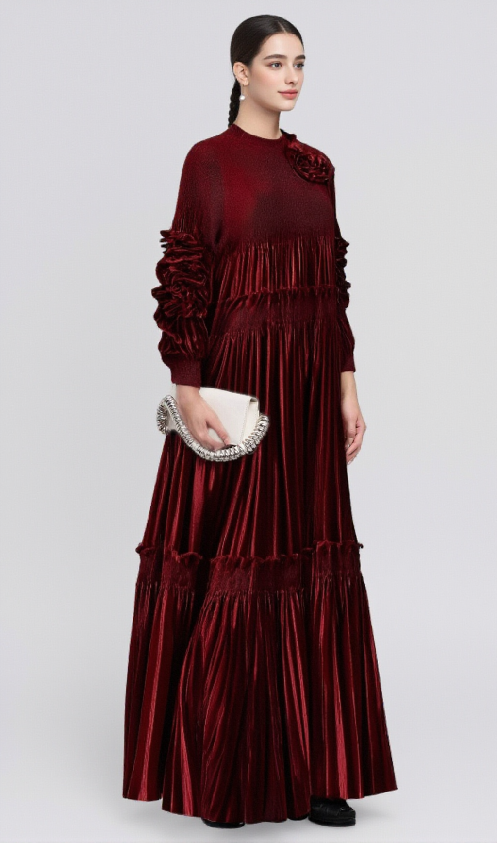 DONNA RED FLORAL-APPLIQUÉ PLEATED VELVET MIDI DRESS