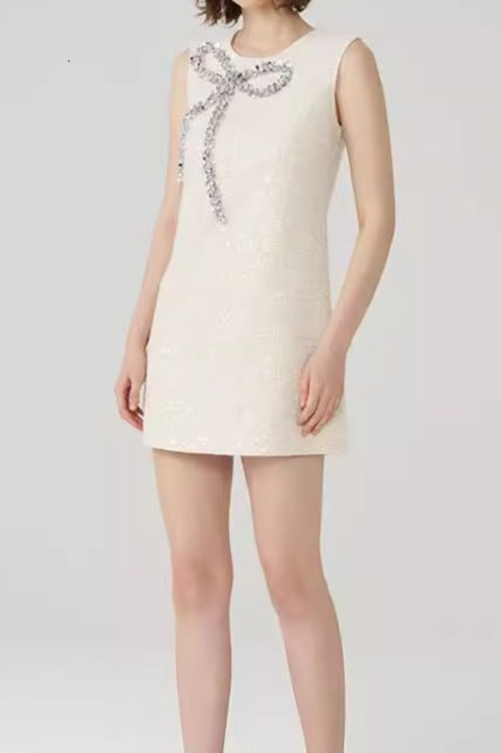 BOW SEQUIN TWEED SLEEVELESS MINI DRESS IN WHITE