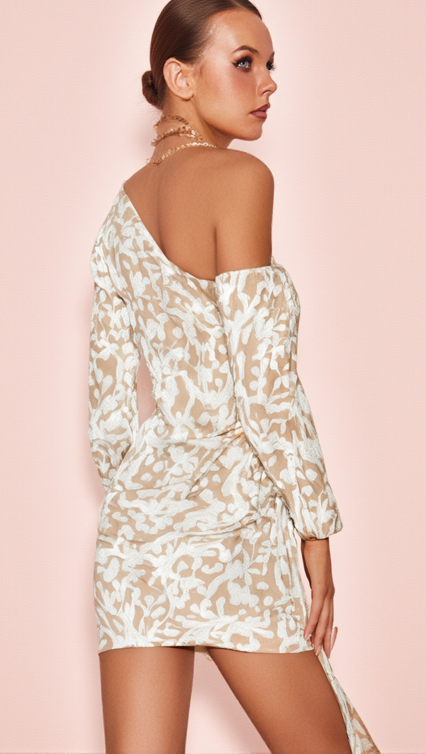 AIIZIE SARAH FLORAL ONE SHOULDER DRAPED MINI DRESS IN APRICOT - product image