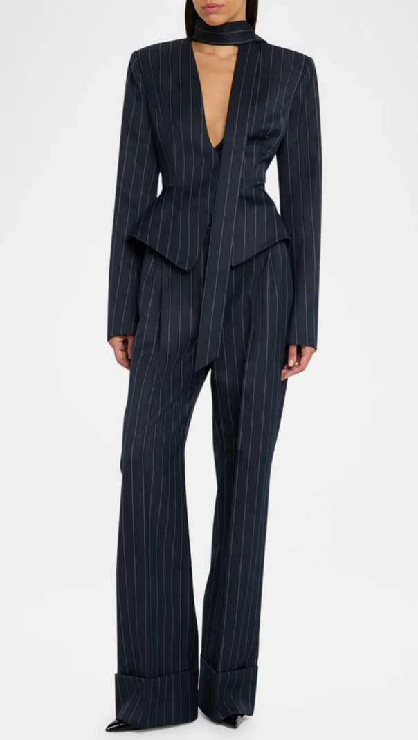 AIIZIE HIBYL PINSTRIPE SCARF BLAZER IN BLACK - product image