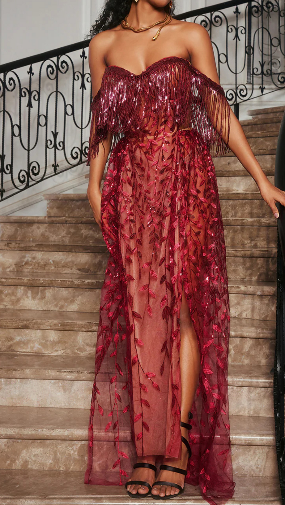 BELEN CODRUTA STRAPLESS LEAFY FRINGE MAXI DRESS IN WINE