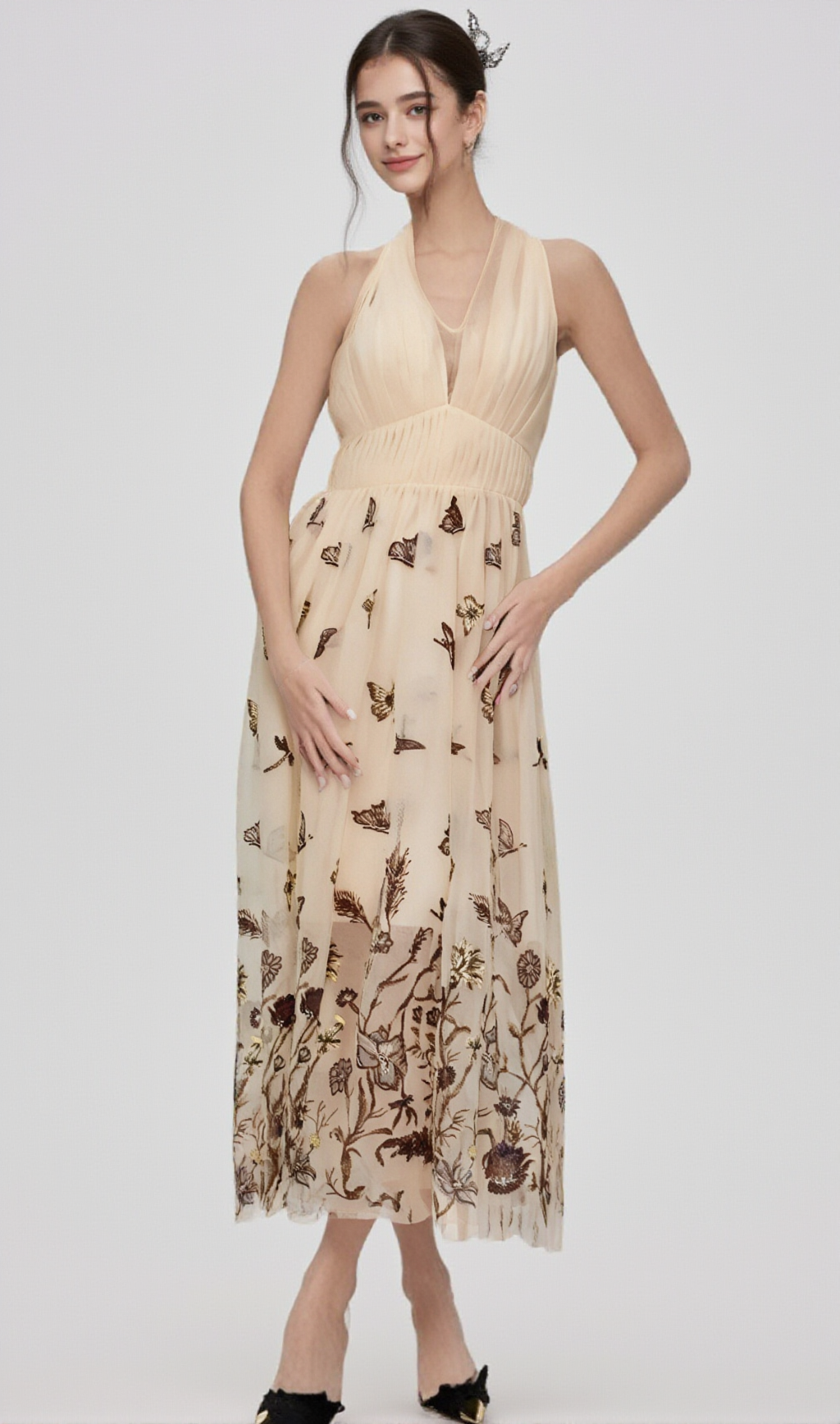JOSÉPHINE HALTERNECK BUTTERFLY-MOTIF TULLE MIDI DRESS