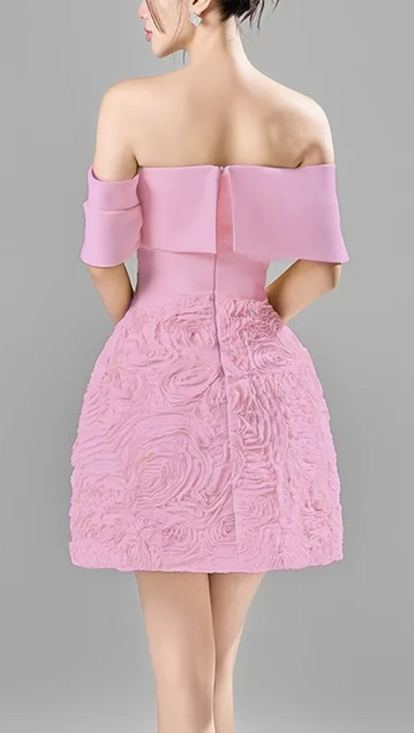 AIIZIE AMY OFF SHOULDER FLORAL PLEATED MINI DRESS IN PINK - product image