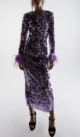 SEQUIN PATCHWORK PLUSH CUFF DRESS IN PURPLE