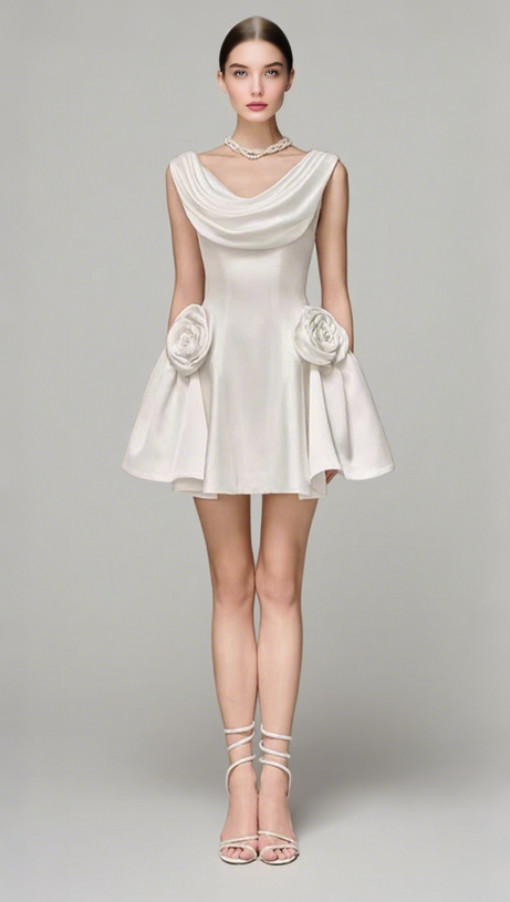 3D FLOWER PLEATED SLEEVELESS MINI DRESS