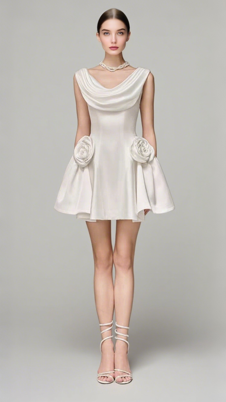 MINI ABITO SENZA MANICHE CON PLISSETTATURE A FIORI 3D